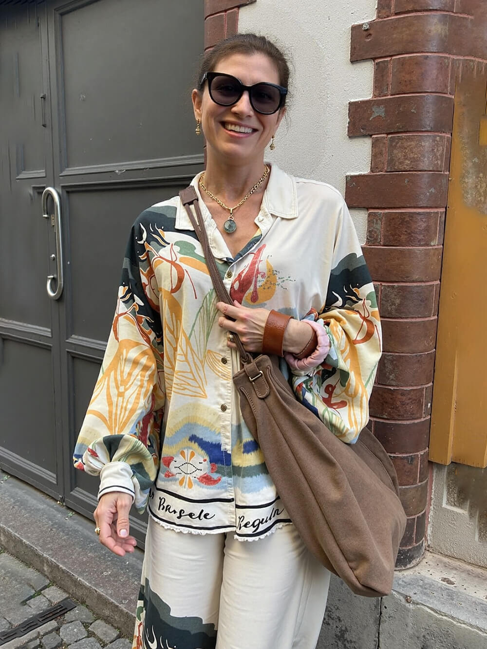 Moderne Unieke Satijnen Landschap Print Losse Oversized Shirt