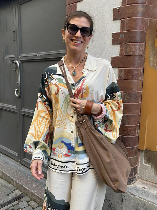 Moderne Unieke Satijnen Landschap Print Losse Oversized Shirt