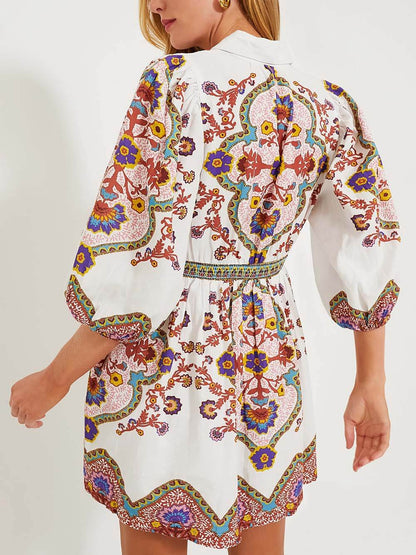 Unieke Gedrukte Puff Sleeve Pocket Shirt Mini Jurk