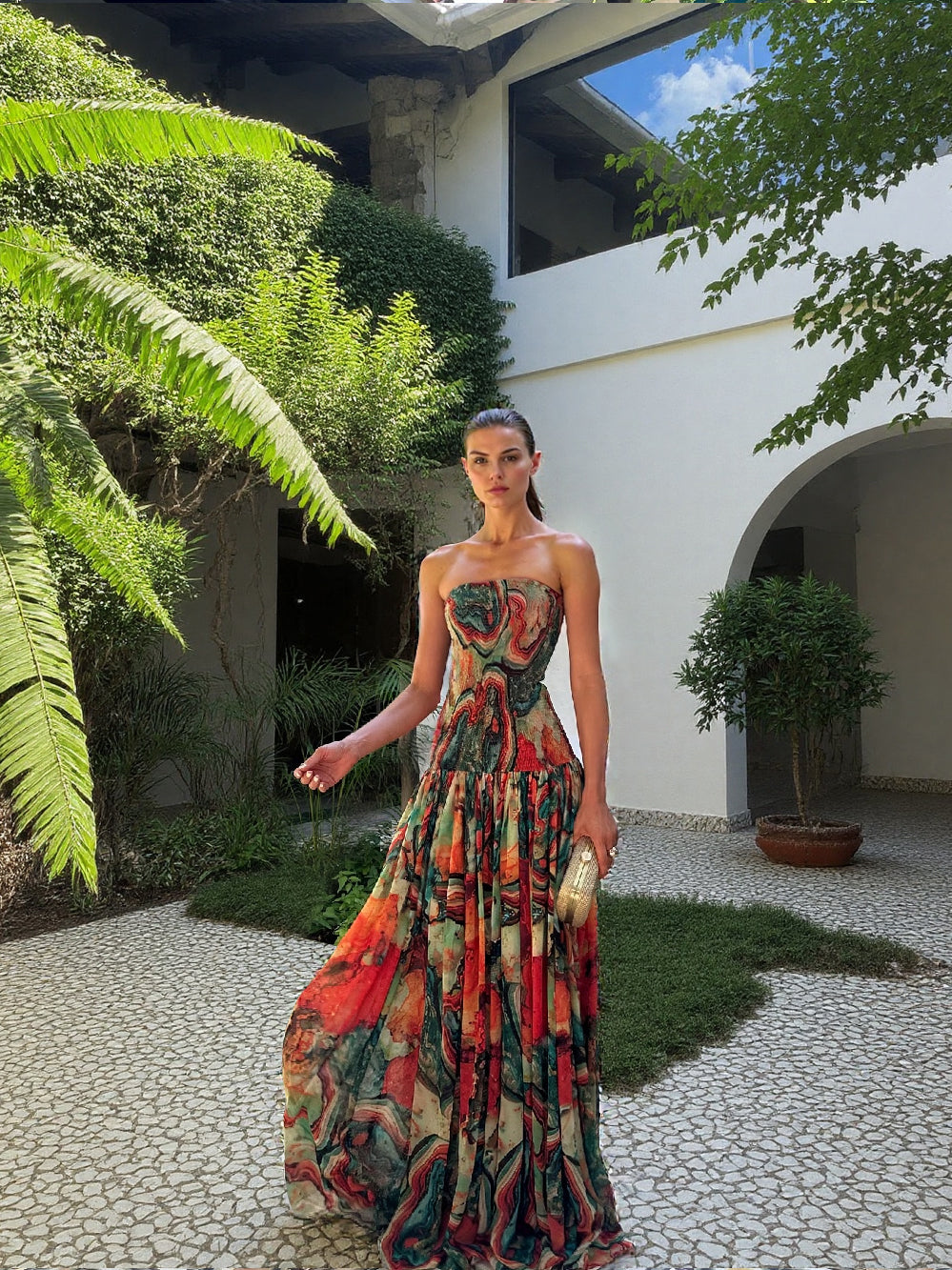 Elegante Wrap Hals Abstract Print Maxi Jurk