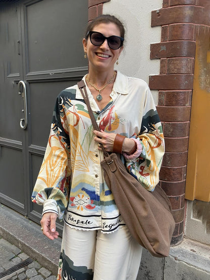 Moderne Unieke Satijnen Landschap Print Elastische Taille Zak Brede Pantalon