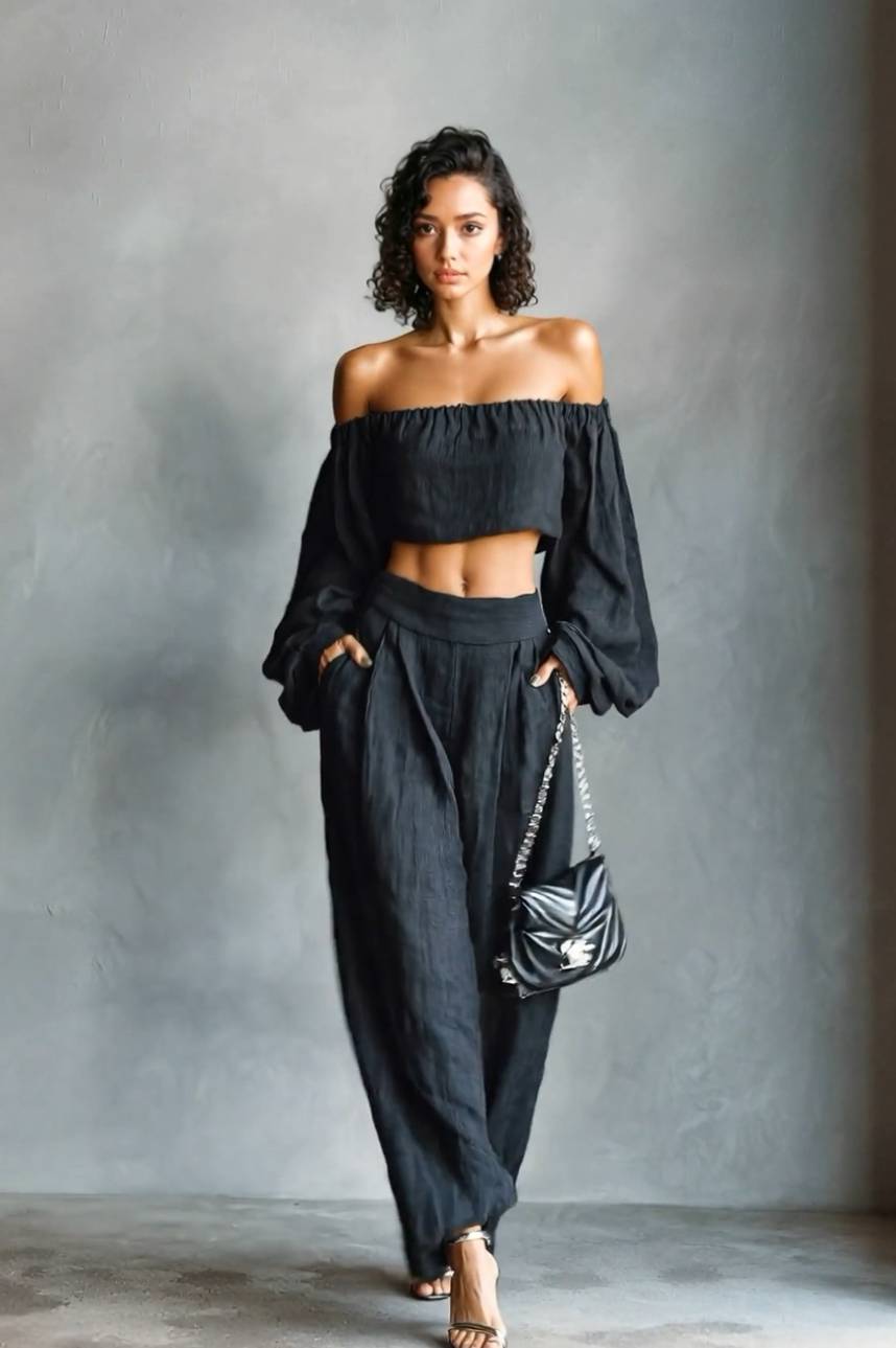 Off-Shoulder Korte Top En Brede Pantalon Set