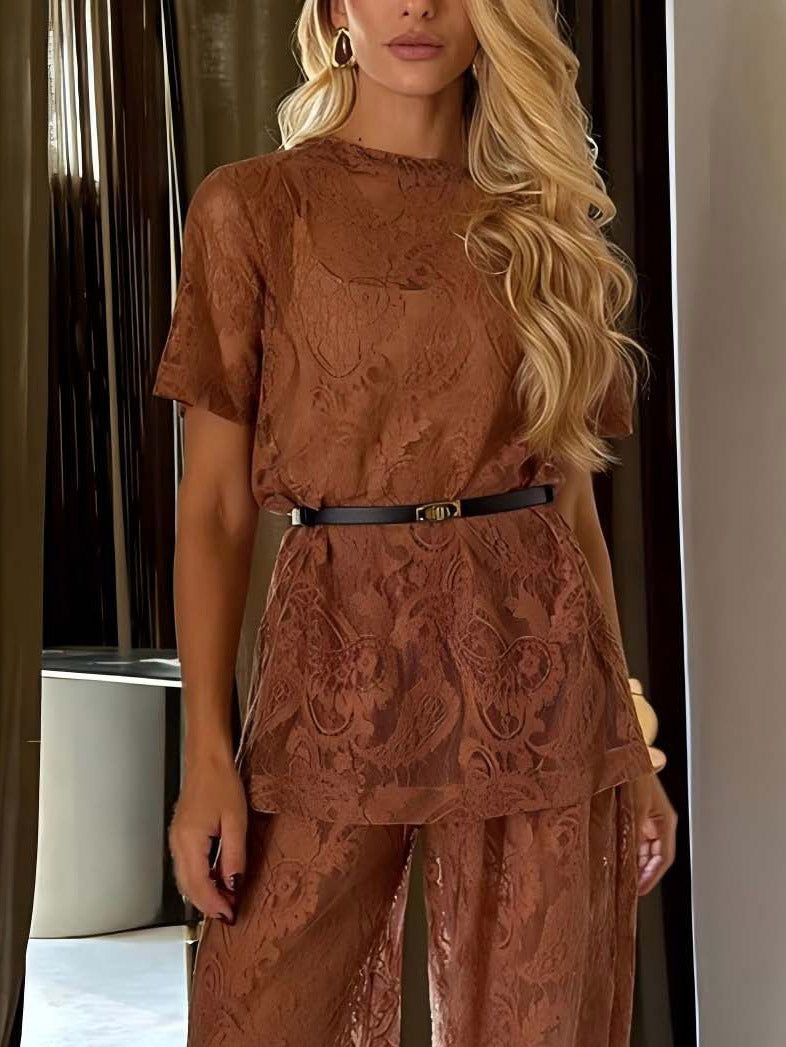 Elegante Doorzichtige Kanten Top met Korte Mouwen en Wijde Broek Set