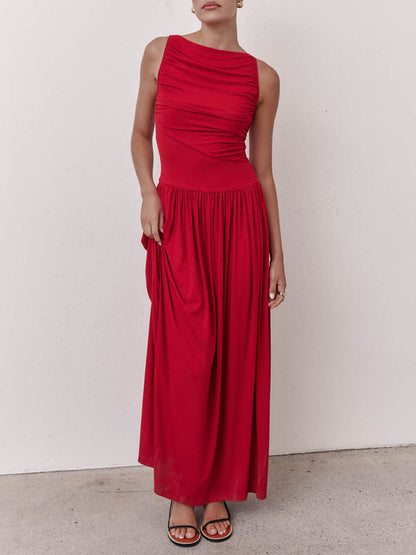 Elegante Plissé Mouwloze Maxi Jurk