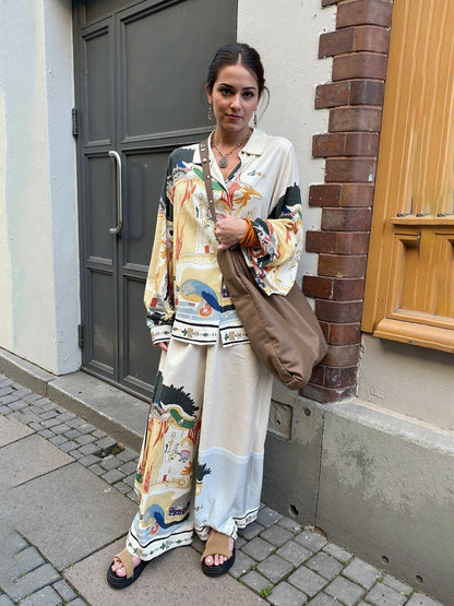 Moderne Unieke Satijnen Landschap Print Elastische Taille Zak Brede Pantalon