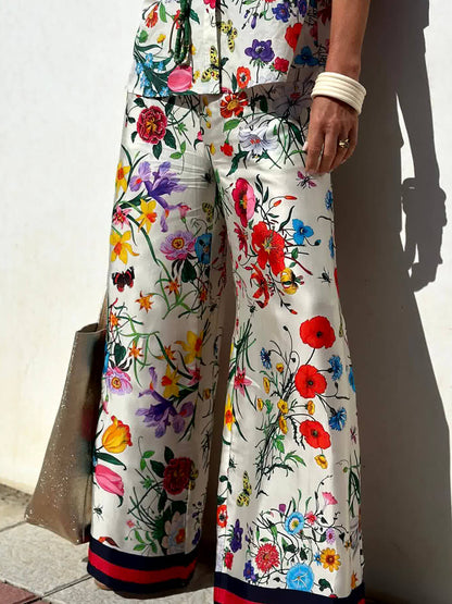 Bloemige Unieke Print Elastische Taille Broek met Zakken en Brede Pijpen