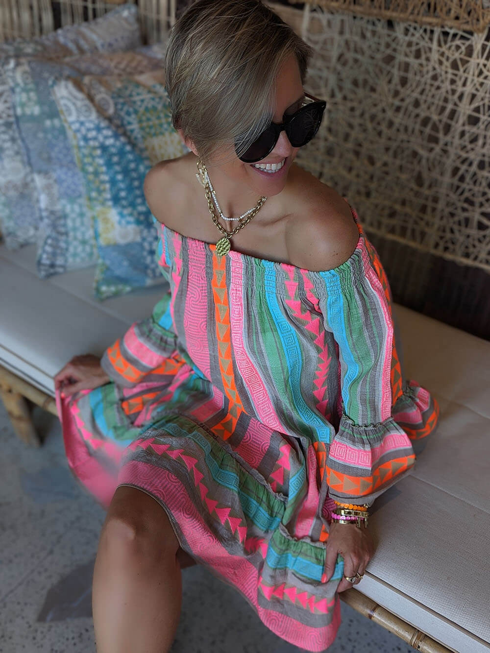 Linnenmix Etnische Print Off-Shoulder Los Mini Jurk