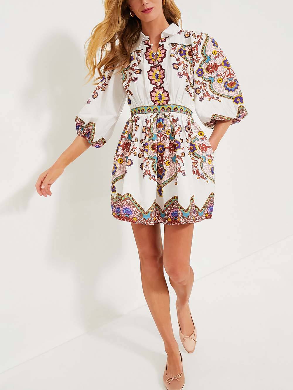 Unieke Gedrukte Puff Sleeve Pocket Shirt Mini Jurk