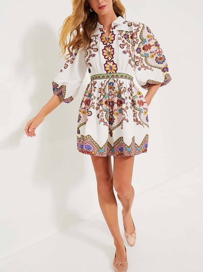Unieke Gedrukte Puff Sleeve Pocket Shirt Mini Jurk