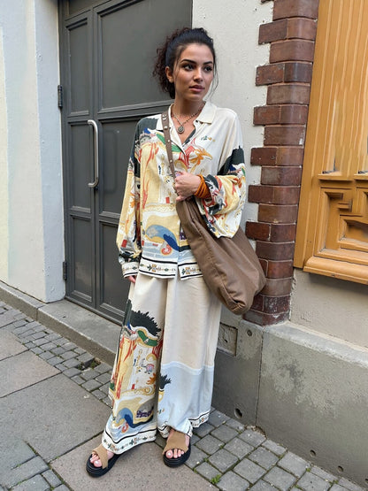 Moderne Unieke Satijnen Landschap Print Losse Oversized Shirt