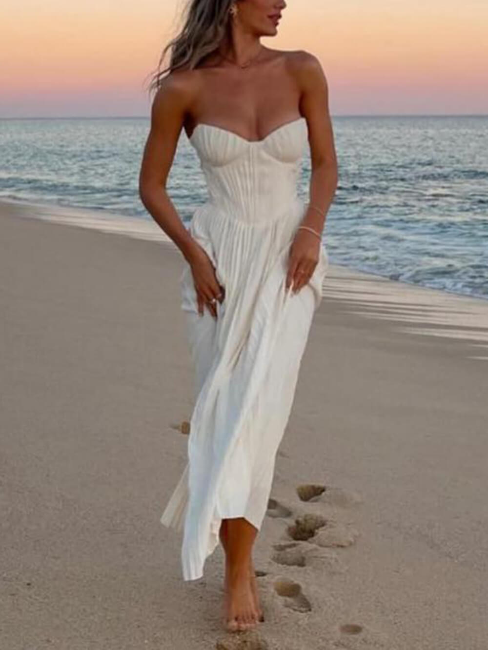 Elegante Plissé Strapless Maxi Jurk
