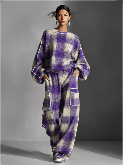 Dames Rood En Grijs Geruit Geborsteld Versleten Street Style Kleur Geblokte Piping Jumpsuit Set MDA1065K4I