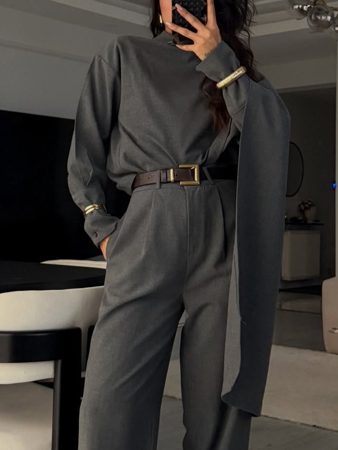 Elegante Gelaagde Sjaal Shirt & Wijde Broek Twee-Stuk Set