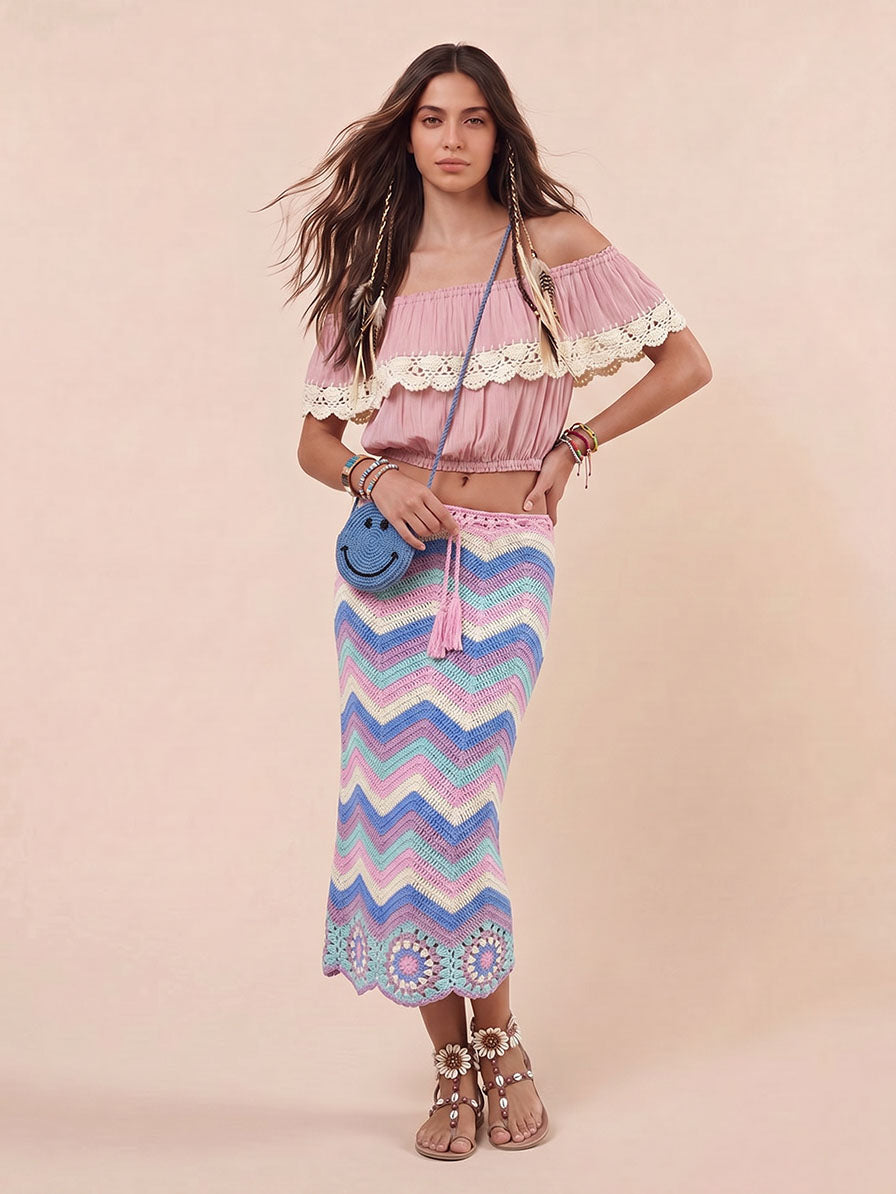 Bohemian Ruffle Crop Top & Haak Herringbone Rok Twee-Delige Set