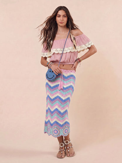 Bohemian Ruffle Crop Top & Haak Herringbone Rok Twee-Delige Set