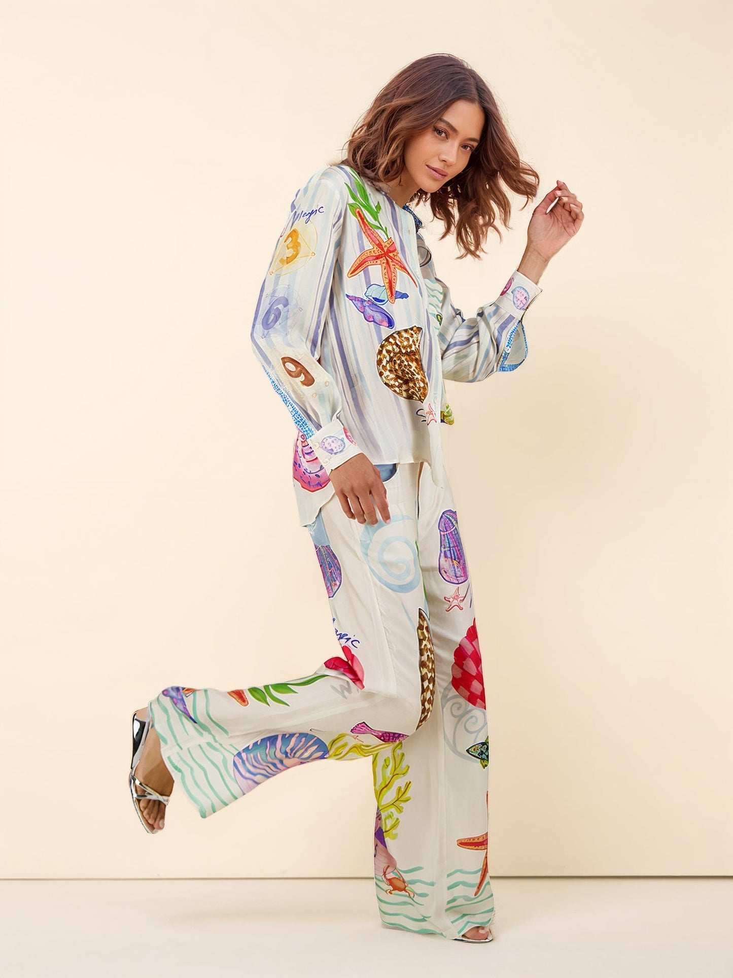Ocean Theme Print Lange Mouw Colbert