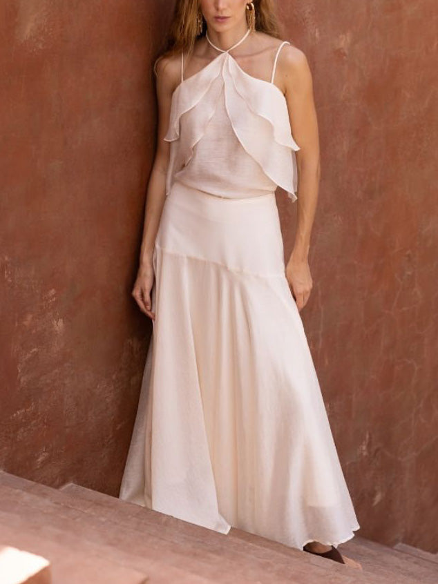 Elegante Halter Ruffle Top & Vloeiende Maxi Rok Twee-delige Set