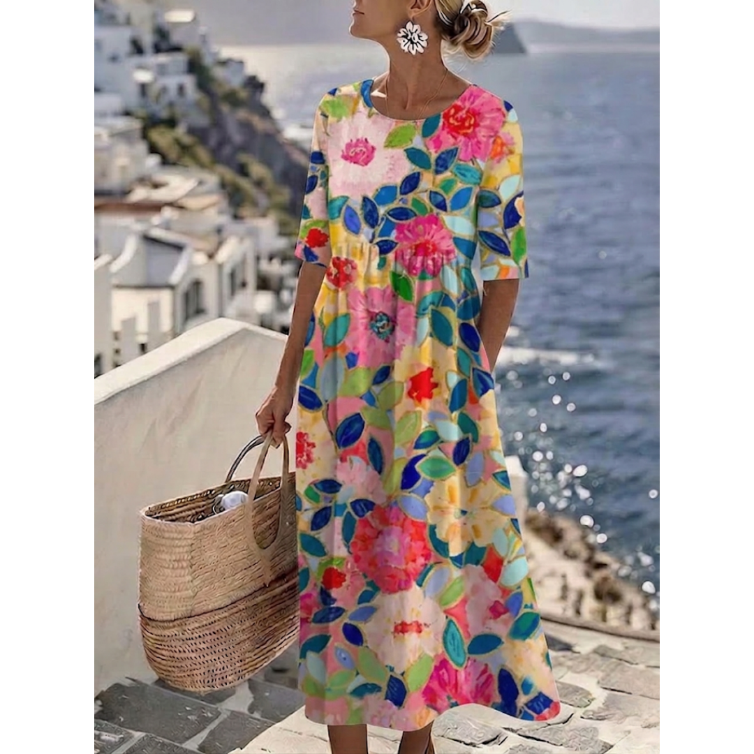 Angela | Elegante Midi Jurk met Bloemen voor de Zomer