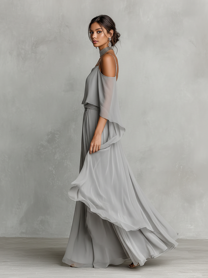 Dames Grijze Ademend Chiffon Set Met Cold-Shoulder Detail & Uitlopende Silhouet, Hedendaagse Luxe-Vrouwelijke Stijl Set MDZ2651B6I