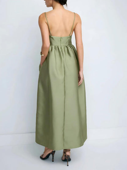 Minimalistische Olijfgroene Babydoll Maxi Jurk