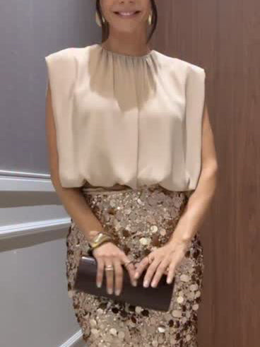 Elegante Mouwloze Blouse & Pailletten Midi Rok Twee-Delige Set