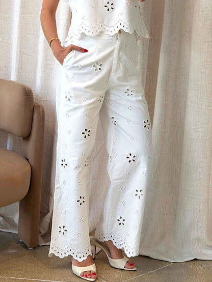 Casual Eyelet Geborduurde Crop Top & Wijde Pantalon Twee-Delige Set