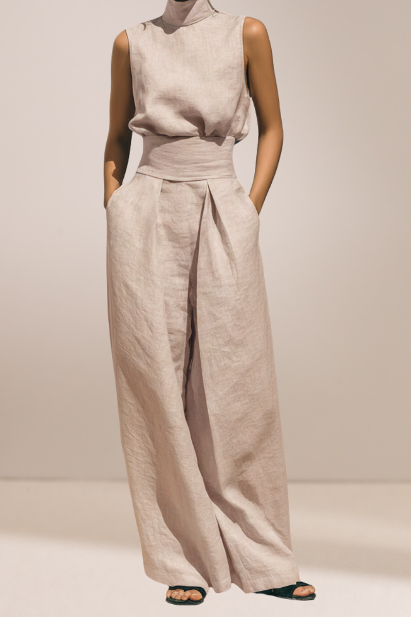 Lili | Gouden Linnen Brede-Pijp Co-Ord Set