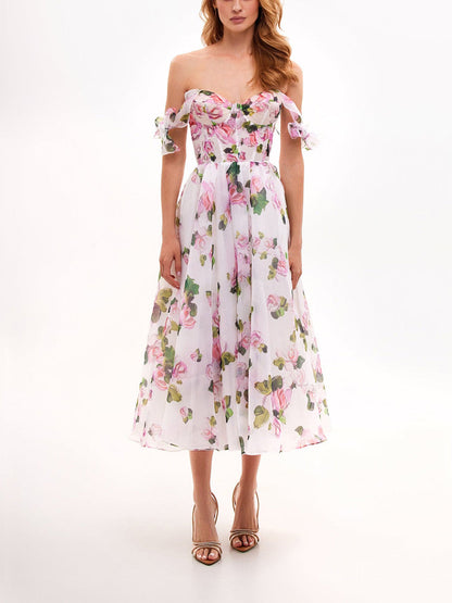 Tedere bloemen midi jurk met strikbandjes
