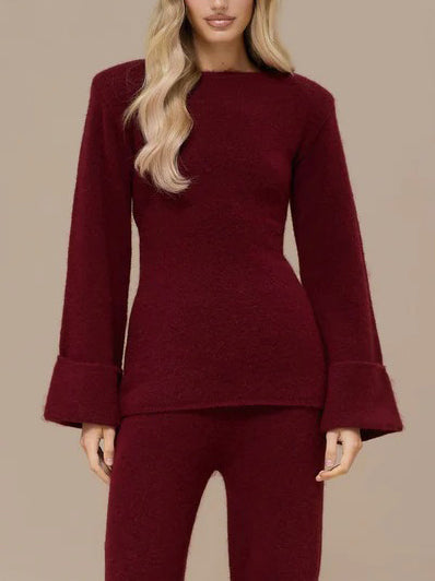 Elegante Flared Mouw Gebreide Top En Broek Twee-delige Set
