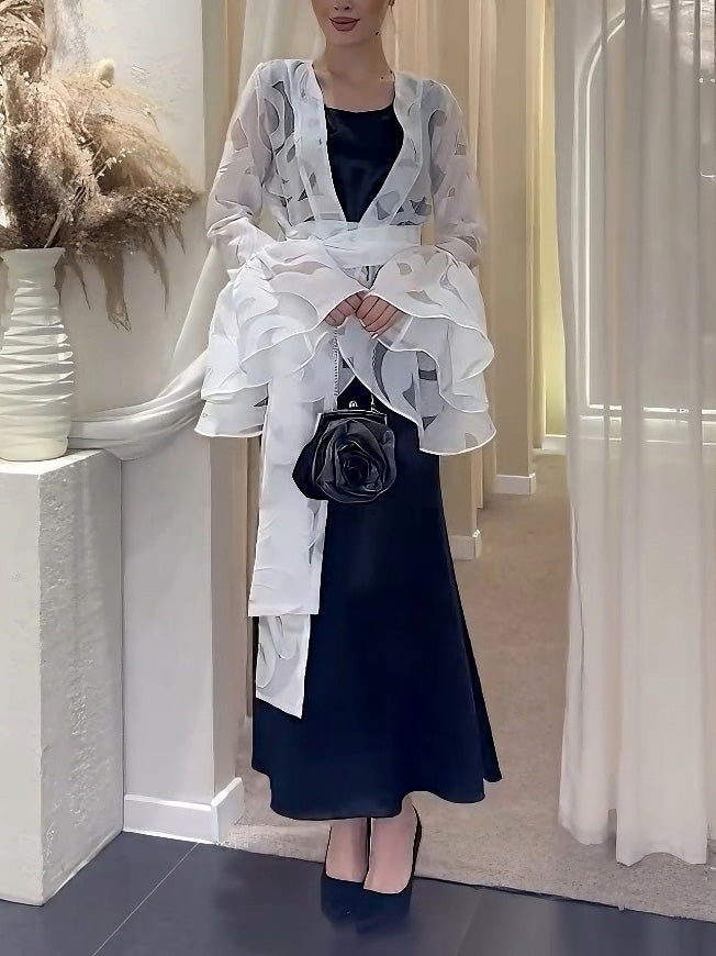 Elegante Gerimpelde Organza Cardigan & Zwarte Maxi Jurk Twee-Delige Set