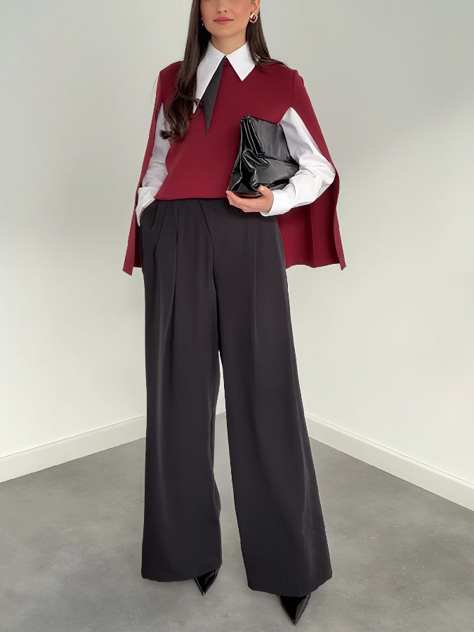 Casual Cape Brei Sweater & Wijde Pantalon Drie-Delige Set