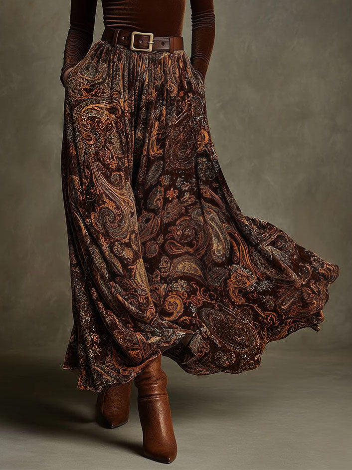 Retro Stretch Velours Top En Paisley Print Maxi Rok Set