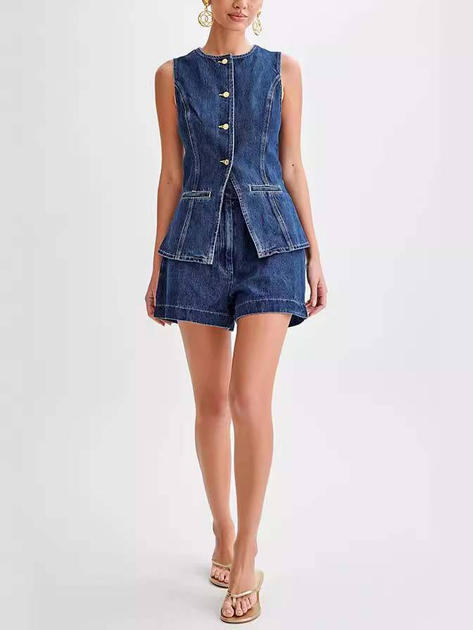 Minimalistische Old Money Stijl Denim Vest En Shorts Set