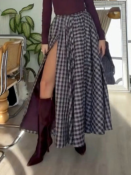 Elegante Geruite Maxirok met Hoge Splits Twee-delige Set
