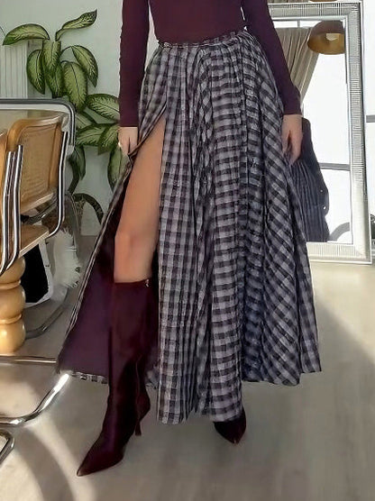 Elegante Geruite Maxirok met Hoge Splits Twee-delige Set