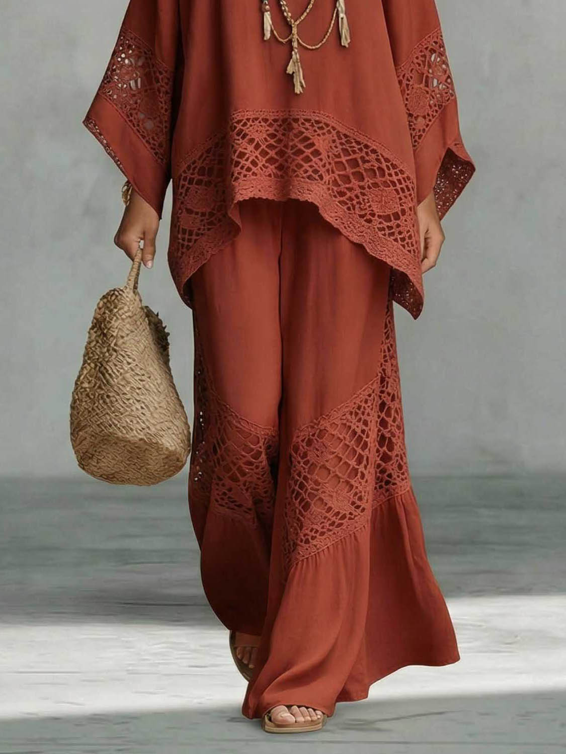Casual Gehaakt Kant Los Kaftan Top Twee-Delige Set