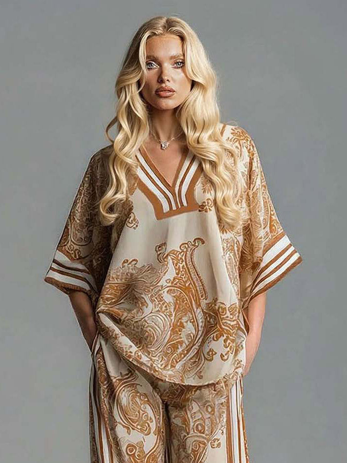 Bohemian Paisley Print Top & Wijde Broek Twee-Delige Set