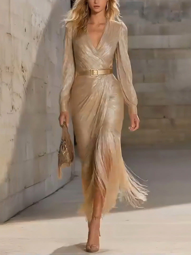 Elegante Tassel Wrap-around Slim-fit Maxi Jurk