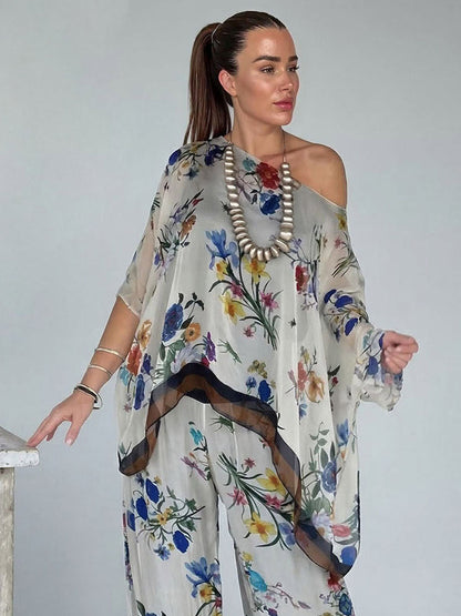Elegante Transparante Bloemenprint Asymmetrische Top met Één Schouder & Wijde Pantalon Set