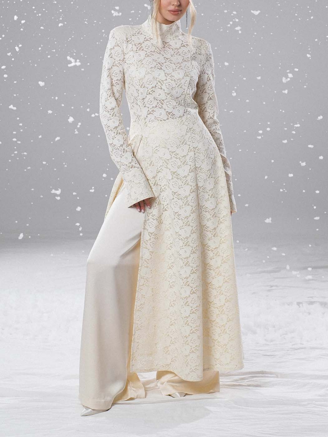 Elegante Hoge Hals Kant Robe & Broek Twee-delige Set