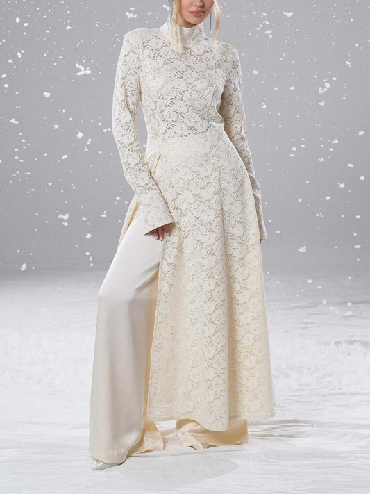 Elegante Hoge Hals Kant Robe & Broek Twee-delige Set