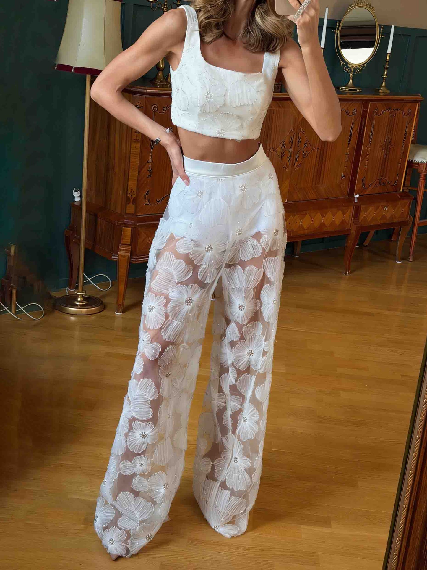 Elegante Kant Geborduurde Doorzichtige & Wijde Pantalon Twee-Piece Set