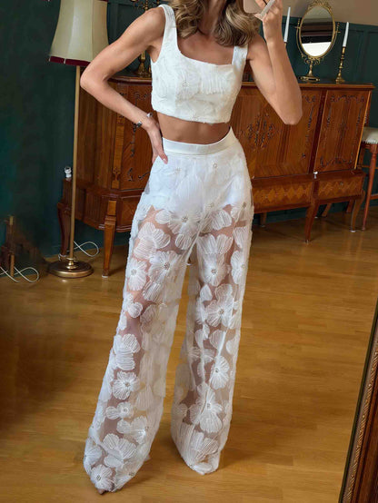 Elegante Kant Geborduurde Doorzichtige & Wijde Pantalon Twee-Piece Set