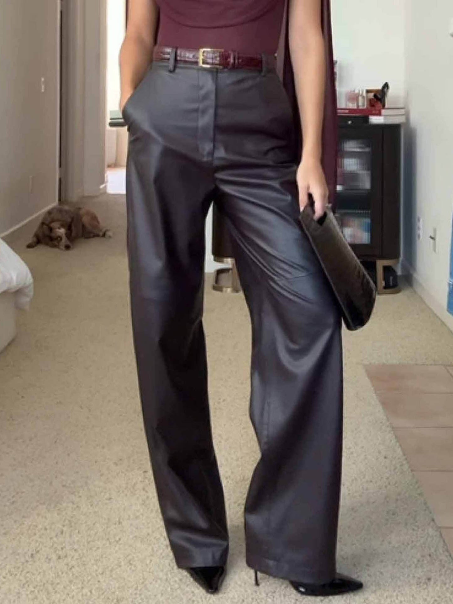 Elegante Drapé Top En Wijde Nep Leer Broek Twee-delige Set