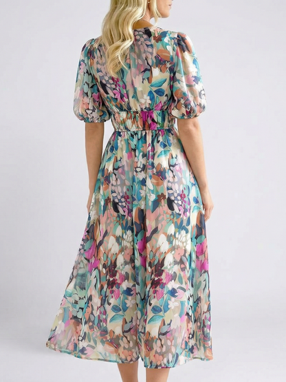 Eulalie | V-Hals Korte Mouw Gerimpeld Taille Midi-Jurk