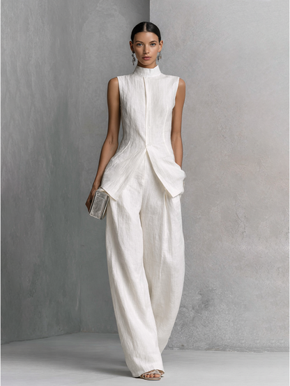 Elegante Witte Katoenlinnen Mouwloze Top en Brede Pantalon Set MDZ0221B1BA