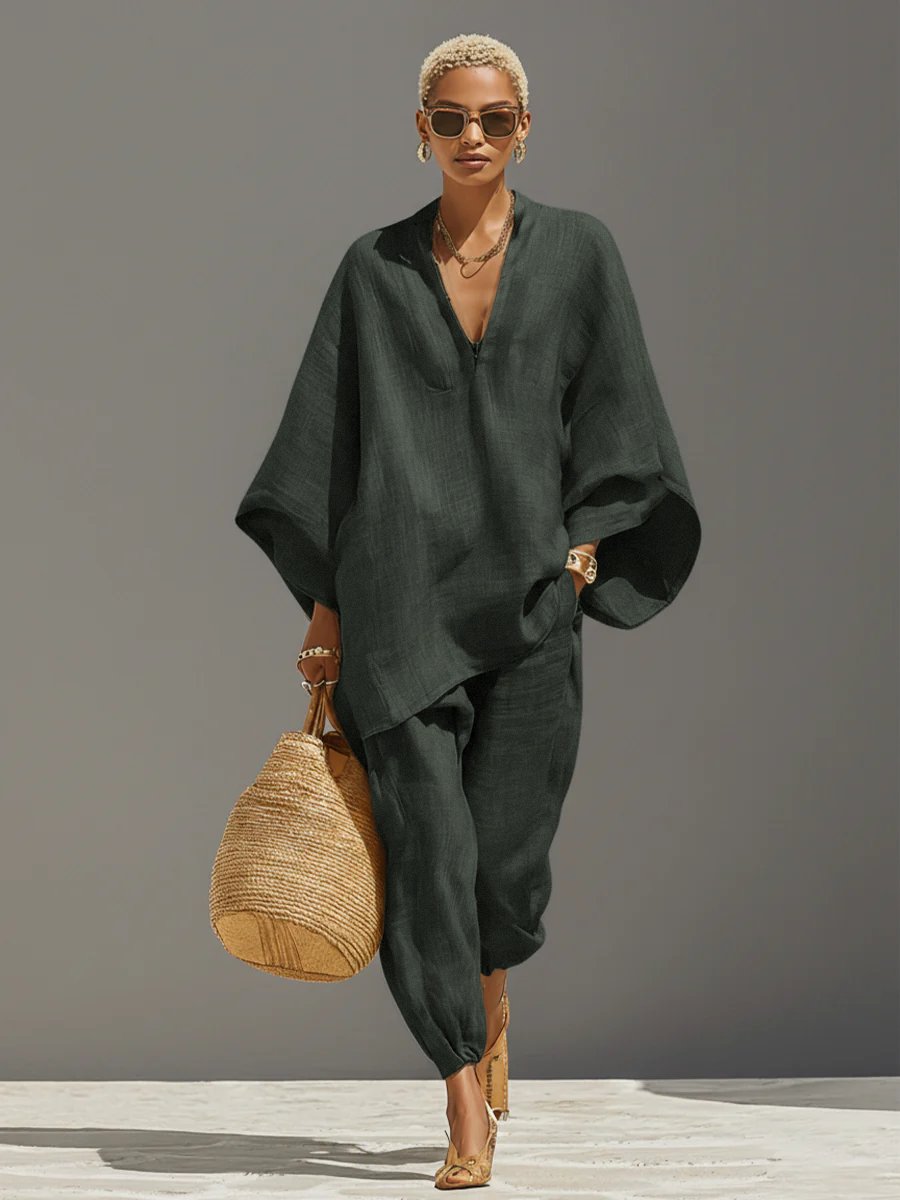 Dames Neutraal Linnen Set Met Asymmetrische Zoom & Minimalistisch Ontwerp, Verfijnde Dagelijkse Casual Stijl Set MDZ0501B3I