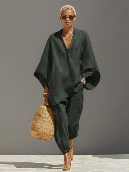 Dames Neutraal Linnen Set Met Asymmetrische Zoom & Minimalistisch Ontwerp, Verfijnde Dagelijkse Casual Stijl Set MDZ0501B3I