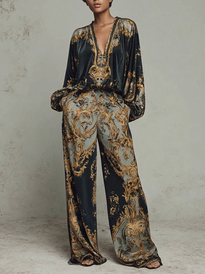 Retro Barok Print Diepe V-Hals Relaxed Fit Blouse