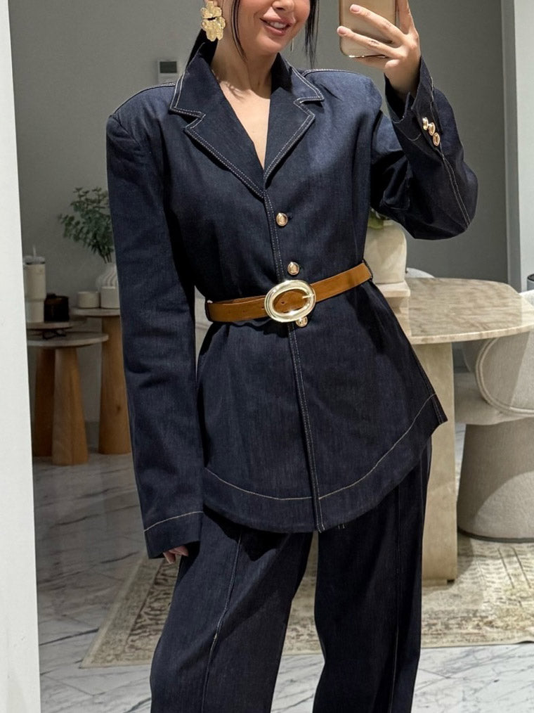 Casual Denim Shirt & Wijde Broek Twee-delige Set